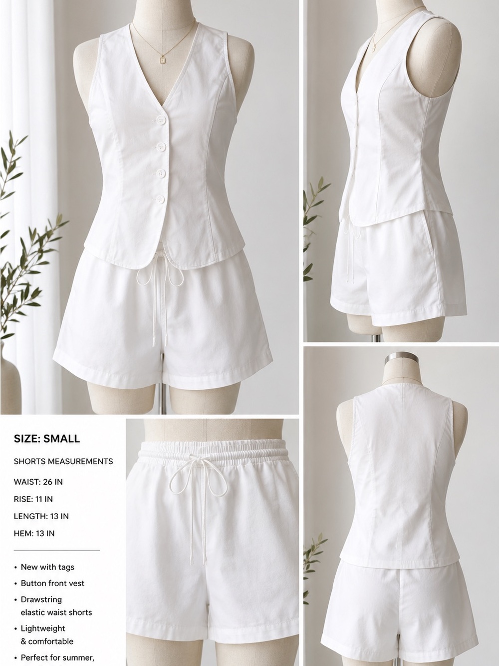 NWT Commense White Sleeveless Button Vest with Drawstring Waist Shorts